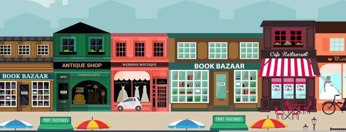 Illustration of a street lined with shops
