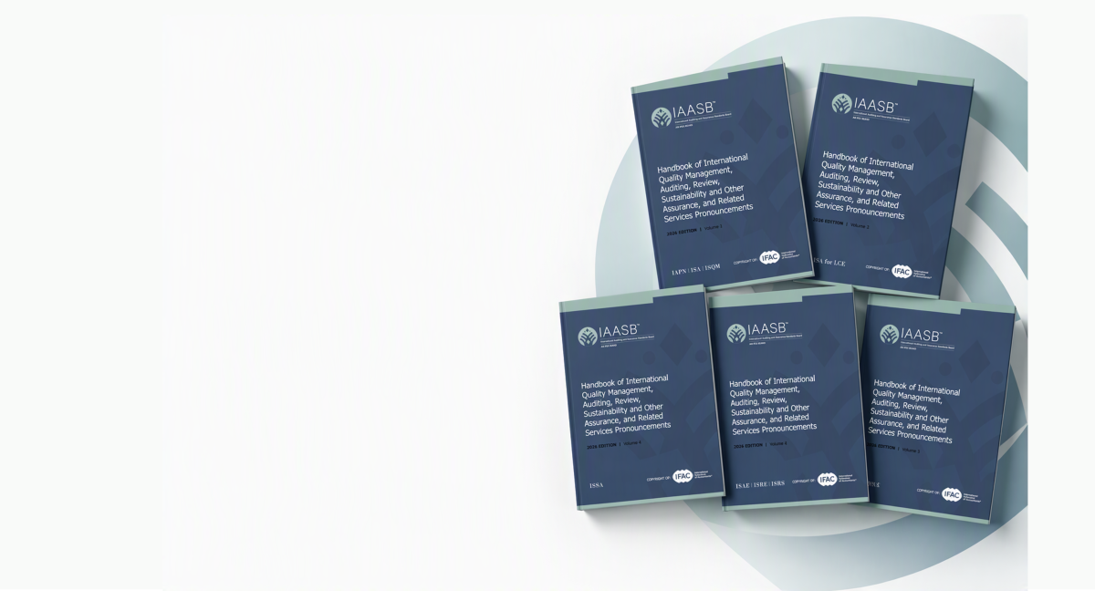 Image of the covers of all 5 volumes of the 2026 IAASB handbook