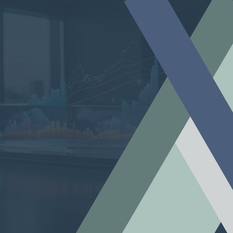 Blue graphic with diagonal lines in blue, green, off white