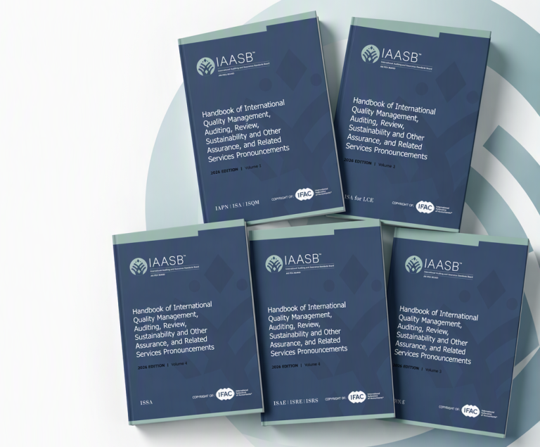 Image of the covers of all 5 volumes of the 2026 IAASB handbook