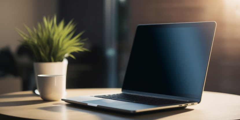 Laptop on a desk with a small plant