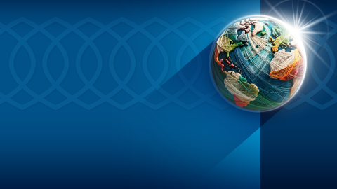 Globe made of colorful threads on a two-tone blue background