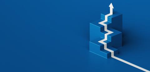 Blue blocks on a blue background with a white arrow going up