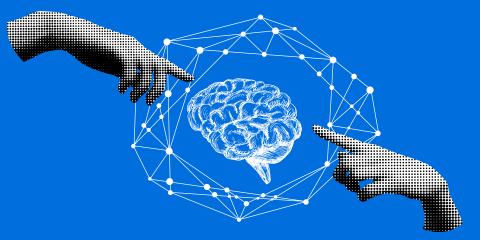 Two human hands touching an illustration of a brain 
