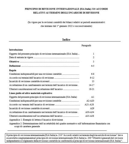 PRINCIPIO DI REVIS IONE INTERNAZIONALE (ISA Italia) 210 ACCORDI RELATIVI AI TERMINI DEGLI INCARICHI DI REVISIONE