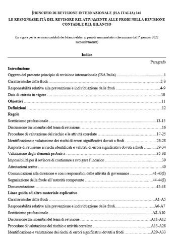 PRINCIPIO DI REVISIONE INTERNAZIONALE (ISA ITALIA) 240 LE RESPONSABILITÀ DEL REVISORE RELATIVAMENTE ALLE FRODI NELLA REVISIONE CONTABILE DEL BILANCIO