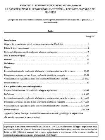 PRINCIPIO DI REVISIONE INTERNAZIONALE (ISA Italia) 250 LA CONSIDERAZIONE DI LEGGI E REGOLAMENTI NELLA REVISIONE CONTABILE DEL BILANCIO