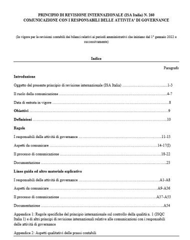 PRINCIPIO DI REVISIONE INTERNAZIONALE (ISA Italia) N. 260 - COMUNICAZIONE CON I RESPONSABILI DELLE ATTIVITA’ DI GOVERNANCE