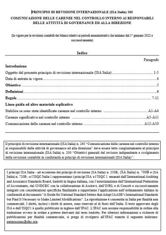 PRINCIPIO DI REVISIONE INTERNAZIONALE (ISA Italia) 265 COMUNICAZIONE DELLE CARENZE NEL CONTROLLO INTERNO AI RESPONSABILI DELLE ATTIVITÀ DI GOVERNANCE ED ALLA DIREZIONE