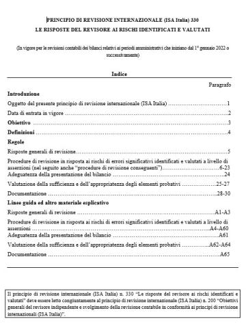 PRINCIPIO DI REVISIONE INTERNAZIONALE (ISA Italia) 330 LE RISPOSTE DEL REVISORE AI RISCHI IDENTIFICATI E VALUTATI