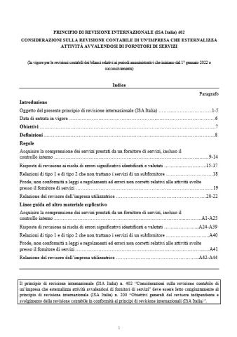 PRINCIPIO DI REVISIONE INTERNAZIONALE (ISA Italia) 402 CONSIDERAZIONI SULLA REVISIONE CONTABILE DI UN’IMPRESA CHE ESTERNALIZZA ATTIVITÀ AVVALENDOSI DI FORNITORI DI SERVIZI