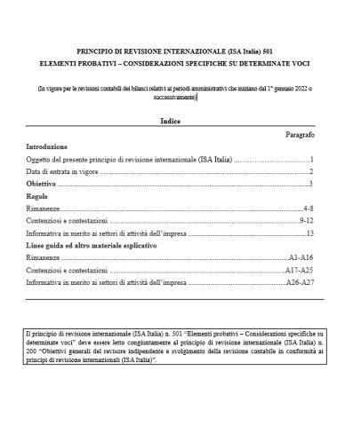 PRINCIPIO DI REVISIONE INTERNAZIONALE (ISA Italia) 501 ELEMENTI PROBATIVI – CONSIDERAZIONI SPECIFICHE SU DETERMINATE VOCI