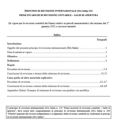 PRINCIPIO DI REVISIONE INTERNAZIONALE (ISA Italia) 510 PRIMI INCARICHI DI REVISIONE CONTABILE – SALDI DI APERTURA