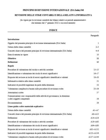 PRINCIPIO DI REVISIONE INTERNAZIONALE  (ISA Italia) 540  REVISIONE DELLE STIME CONTABILI E DELLA RELATIVA INFORMATIVA