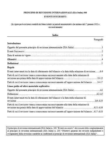 PRINCIPIO DI REVISIONE INTERNAZIONALE (ISA Italia) 560 EVENTI SUCCESSIVI