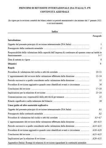 PRINCIPIO DI REVISIONE INTERNAZIONALE (ISA ITALIA) N. 570 CONTINUITÀ AZIENDALE