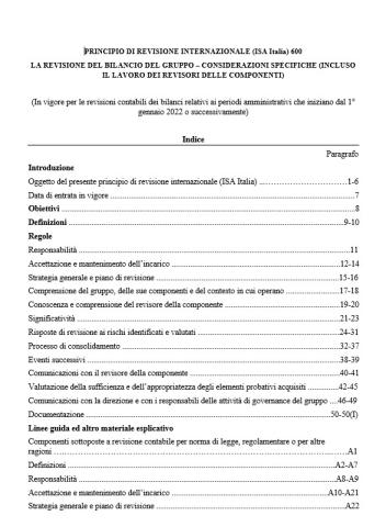 PRINCIPIO DI REVISIONE INTERNAZIONALE (ISA Italia) 600 LA REVISIONE DEL BILANCIO DEL GRUPPO – CONSIDERAZIONI SPECIFICHE (INCLUSO IL LAVORO DEI REVISORI DELLE COMPONENTI)
