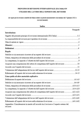 PRINCIPIO DI REVISIONE INTERNAZIONALE (ISA Italia) 620 UTILIZZO DEL LAVORO DELL’ESPERTO DEL REVISORE