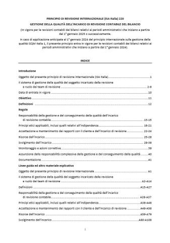 PRINCIPIO DI REVISIONE INTERNAZIONALE (ISA Italia) 220 GESTIONE DELLA QUALITÀ DELL’INCARICO DI REVISIONE CONTABILE DEL BILANCIO