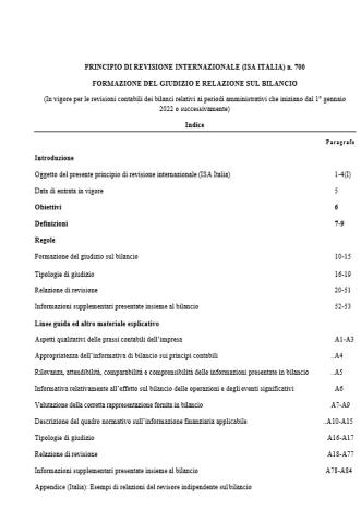 PRINCIPIO DI REVISIONE INTERNAZIONALE (ISA ITALIA) n. 700 FORMAZIONE DEL GIUDIZIO E RELAZIONE SUL BILANCIO