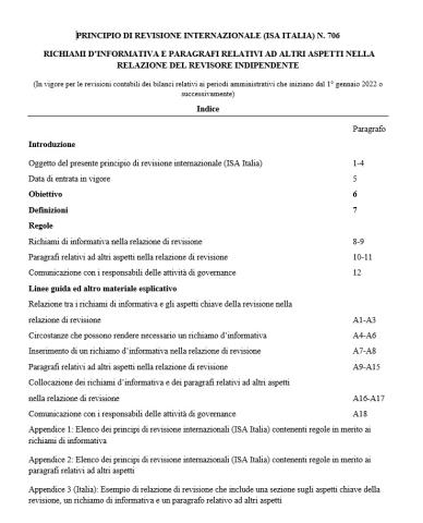 PRINCIPIO DI REVISIONE INTERNAZIONALE (ISA ITALIA) N. 706 RICHIAMI D’INFORMATIVA E PARAGRAFI RELATIVI AD ALTRI ASPETTI NELLA RELAZIONE DEL REVISORE INDIPENDENTE
