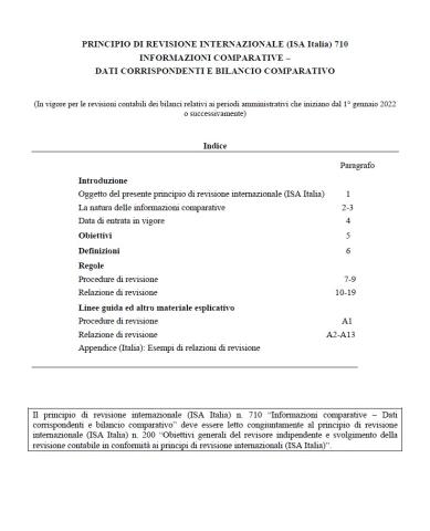 PRINCIPIO DI REVISIONE INTERNAZIONALE (ISA Italia) 710 INFORMAZIONI COMPARATIVE – DATI CORRISPONDENTI E BILANCIO COMPARATIVO