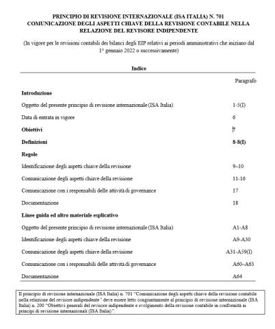 PRINCIPIO DI REVISIONE INTERNAZIONALE (ISA ITALIA) N. 701 COMUNICAZIONE DEGLI ASPETTI CHIAVE DELLA REVISIONE CONTABILE NELLA RELAZIONE DEL REVISORE INDIPENDENTE