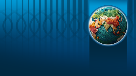 Graphic of a globe made of thread over a blue background